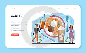 Waffles web banner or landing page. Sweet Belgian pastries with cream