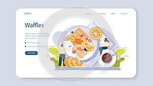 Waffles web banner or landing page. Sweet Belgian pastries with cream