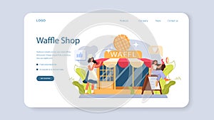 Waffles web banner or landing page. Sweet Belgian pastries with cream