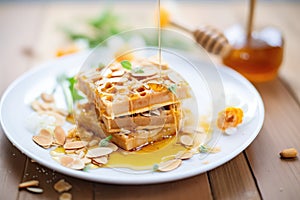 waffles on a white plate with honey drizzle and almond slivers
