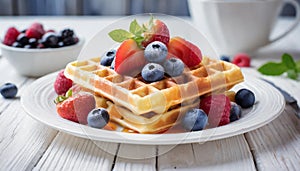 Wafles with syrup on white plate with fruits.