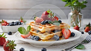 Wafles with syrup on white plate with fruits.