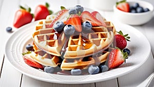 Wafles with syrup on white plate with fruits.