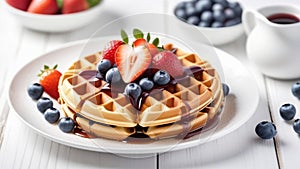 Wafles with syrup on white plate with fruits.