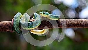 Wagler s pit viper on tree branch