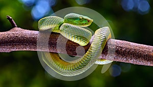 Wagler s pit viper on tree branch