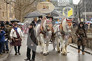 Wagon with big horses at Carnival parade, Stuttgart