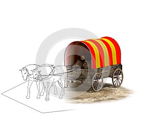 Wagon colonists, 3D rendering, illustration