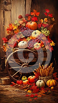 A wagon filled with different types of fruit and an autumn spiri