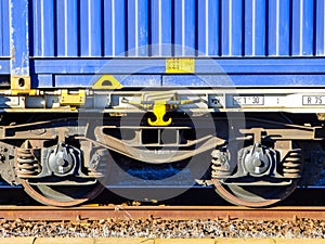 Wagon of freight train blue container