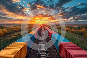 Wagon of freight train with containers on the sky background