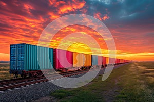 Wagon of freight train with containers on the sky background