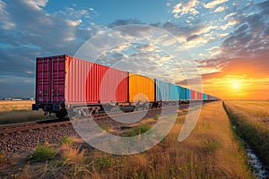 Wagon of freight train with containers on the sky background