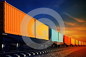 Wagon of freight train with containers on the sky background