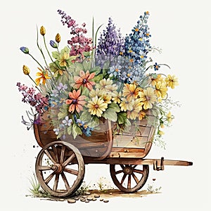 Wagon Full of Wonders: Vibrant Spring Flowers in a Rustic Wooden Cart AI Generated