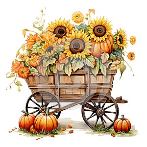 wagon with harvest, with pumpkins and sunflower flowers in vintage style. thanksgiving card decoration, autumn, harvest festival