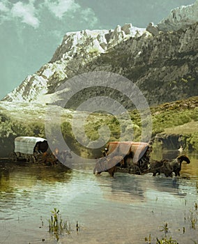 Wagon train crossing the river