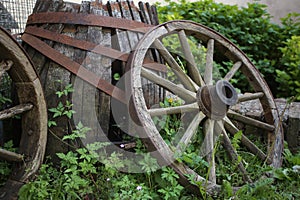 Wagon wheel or cart-wheel & wooden barrel