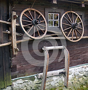 Wagon wheel on old log house