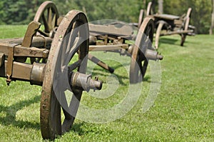 Wagon with wooden wheels. Museum, renovated monument.