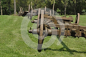 Wagon with wooden wheels. Museum, renovated monument. waggon-driving