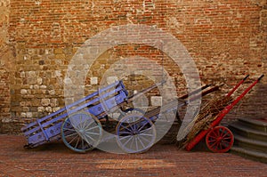 Wagons against brick wall