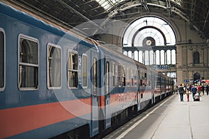 Wagons and passengers at main railway station Budapest, Hungary