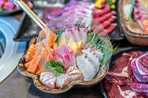 wagyu beef in plate on korean barbeque table in Japanese restaurant