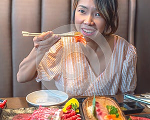 wagyu beef in plate on korean barbeque table in Japanese restaurant