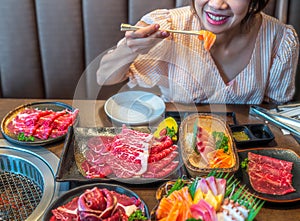 wagyu beef in plate on korean barbeque table in Japanese restaurant