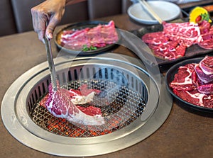 wagyu beef in plate on korean barbeque table in Japanese restaurant