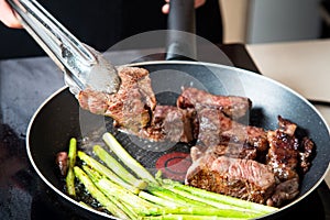 Wagyu Japanese beef steak frying on the pan