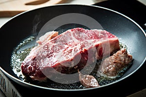 Wagyu Japanese beef steak frying on the pan