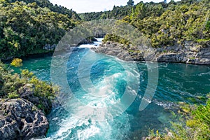 Waikato River at Aratiatia surging between rocky walls of ravine