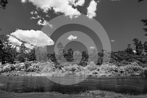 Waikato River landscape near Huka Falls in black and white