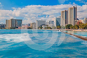 Waikiki beach and Honolulu skyline in Hawaii