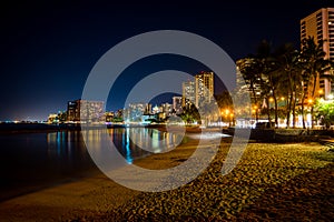 Waikiki Beach at night, Honolulu, Oahu, Hawaii