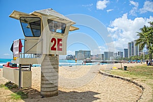 Waikiki beach panorama with rescue baywatch tower