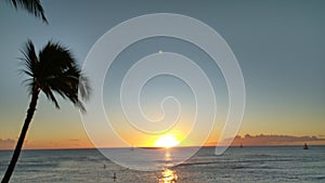 Waikiki Beach Sunset with clear skies.