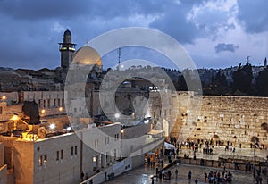 The wailing Wall and the Dome of the Rock in the Old city of Jerusalem n the evening