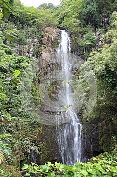 Wailua Falls tumbling over a volcanic rock cliffside in a rainforest in Hana, Maui, Hawaii