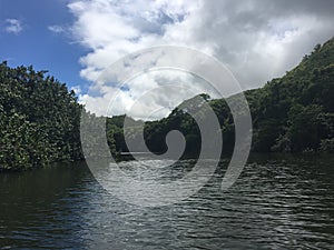 Wailua River Path to Uluwehi Falls, Secret Falls in Summer in Wailua on Kauai Island in Hawaii.