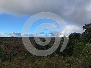 Waimea Canyon on Kauai Island, Hawaii; Niihau Island on Horizon.