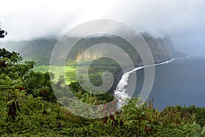 Waimea Valley Hawaii Overlook Foggy view of Coast. Heavy cloud cover of fertile utopian paradise valley from top of mountain with