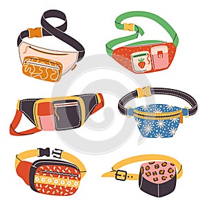 Waist Bags For Essentials During Outdoor Activities Or Travel. Isolated Set Of Fanny Packs, Compact, Convenient Storage