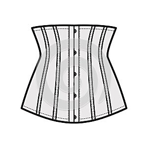 Waist cincher back laced longline corsetry lingerie technical fashion illustration with bones. Flat belt template