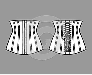 Waist cincher back laced longline corsetry lingerie technical fashion illustration with bones. Flat belt template