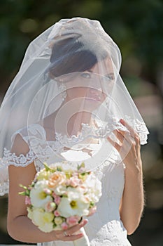 Waist up portrait of bride