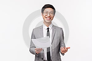 Waist-up portrait of confident handsome professional male office manager, business entrepreneur in grey suit