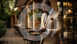 Waist up portrait of a handsome African American man in a brown suit and eyeglasses using mobile phone